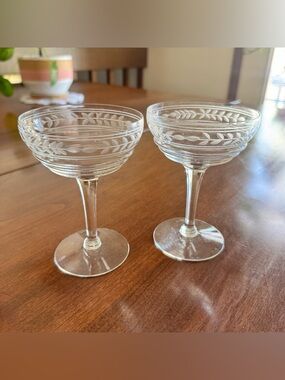 Clear Etched Crystal Coupe Glasses - Set of 2